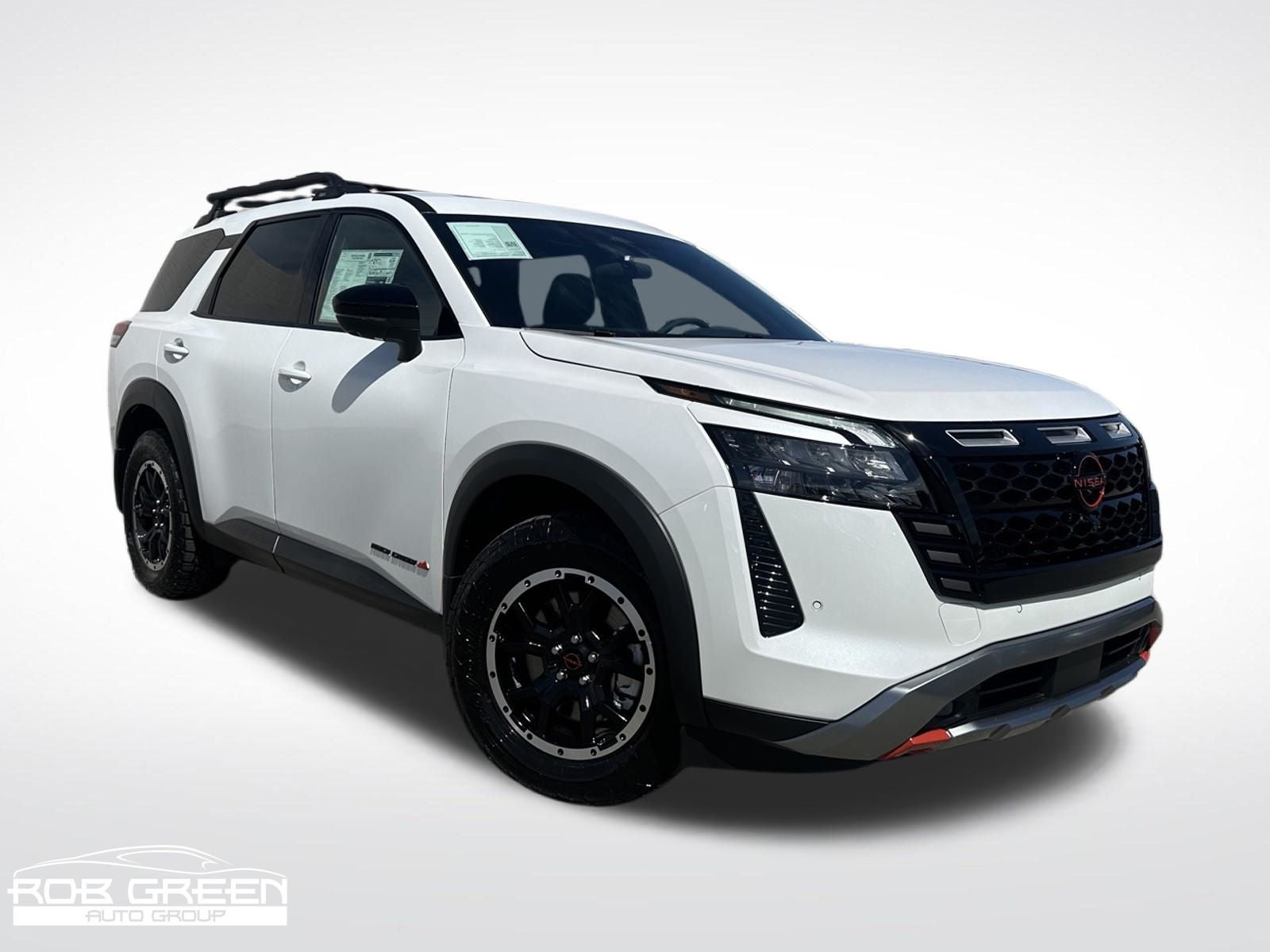 2026 Nissan Pathfinder Rock Creek in Everest White Pearl Tricoat — front three-quarter view