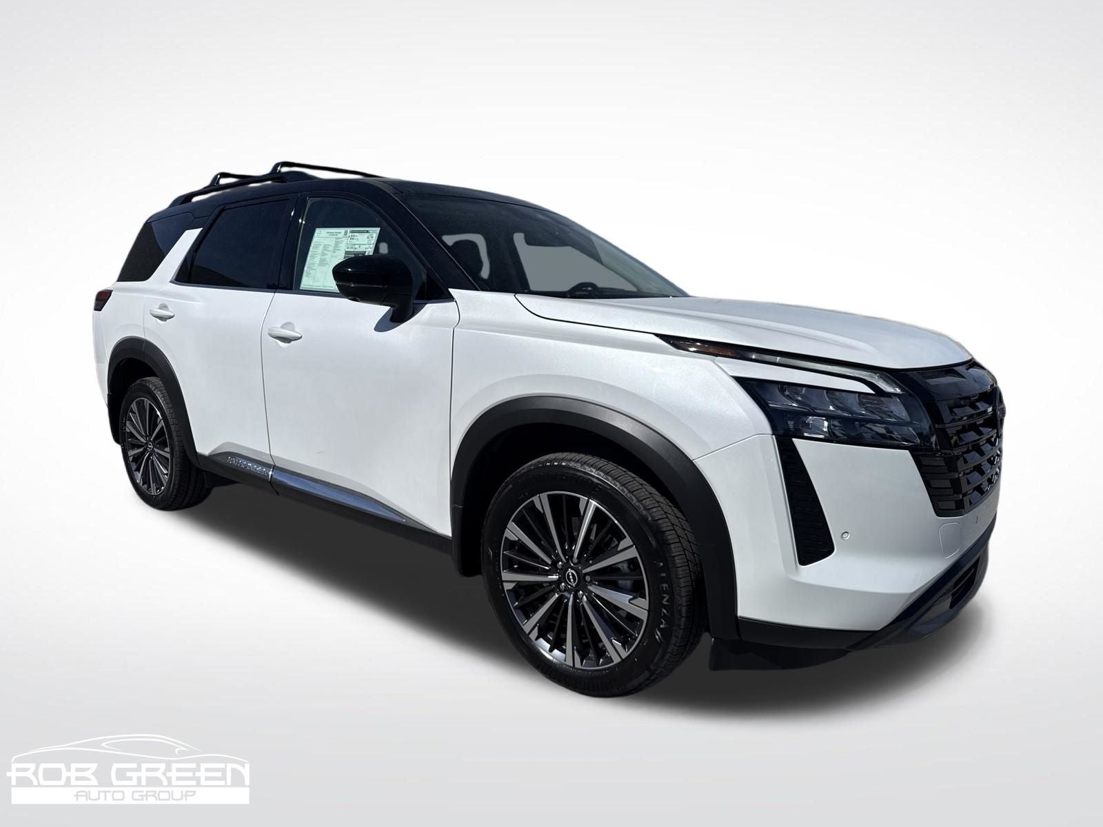 2026 Nissan Pathfinder Platinum in Everest White Pearl/Black — front three-quarter view